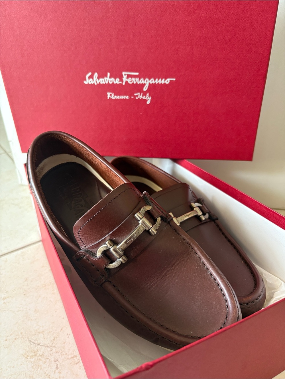 Salvatore Ferragamo Brown Leather Bit Slip-On Loafers